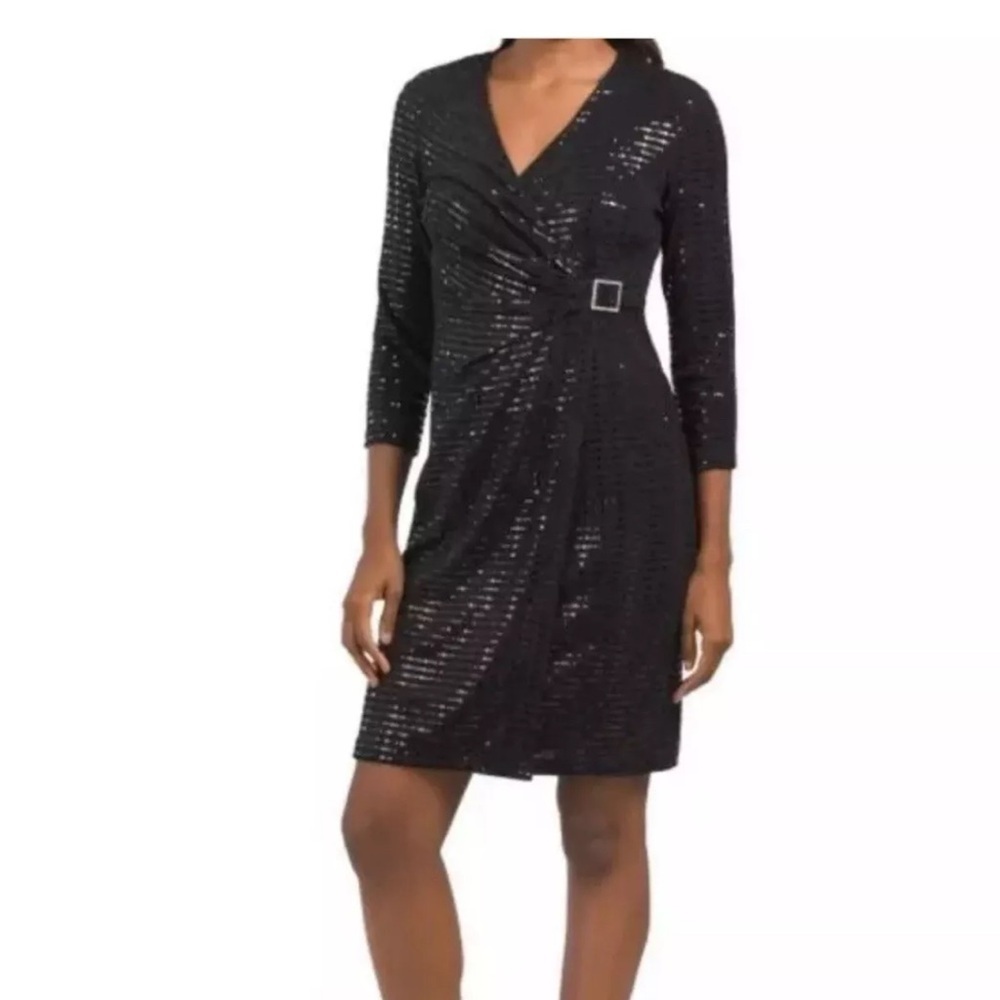 Anne Klein Womens Wrap Sheath Dress Sparkly Black Size 12